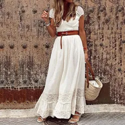 Elegant maxikjole - hule broderi blonder - kortermet
