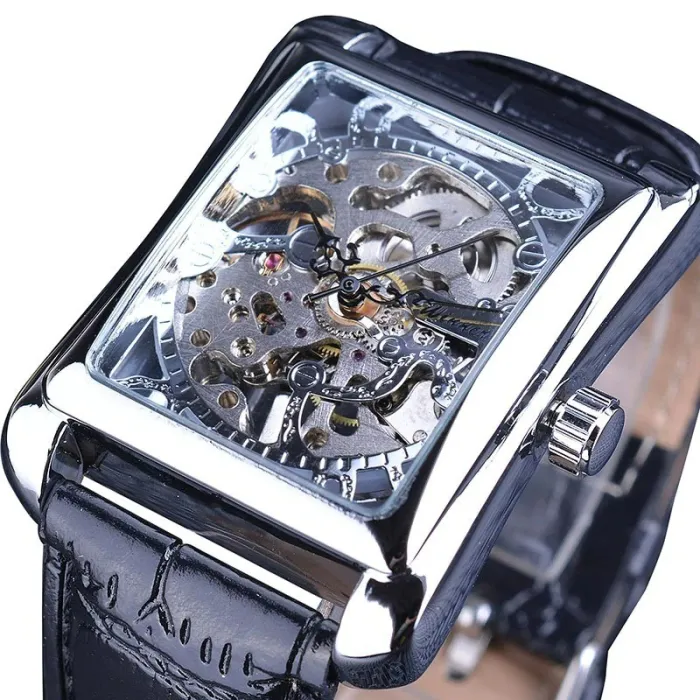 WINNER - rectangular mechanical watch - hollow-out skeleton design - leather strapWatches
