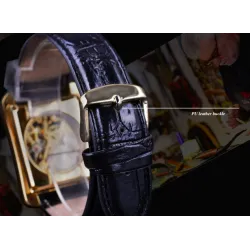 WINNER - rectangular mechanical watch - hollow-out skeleton design - leather strapWatches