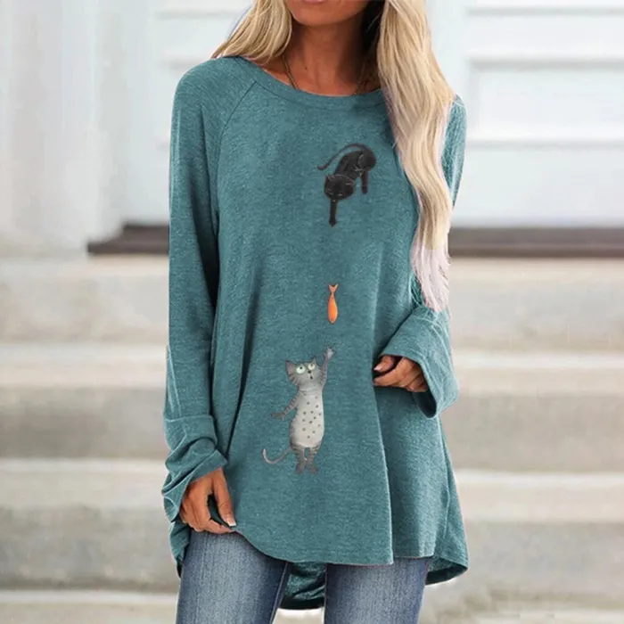 Long sleeve t-shirt - long pullover - two cats / fish printBlouses & shirts