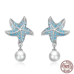 Blå zirkon sjøstjerne øredobber - med perle - 925 sterling sølv