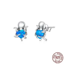 Sølv blekksprut / blått krystallhjerte - øredobber - 925 sterling sølv