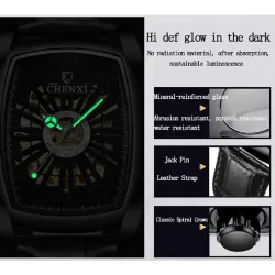 CHENXI - automatic square watch - hollow-carved design - leather strap - silver / greenWatches