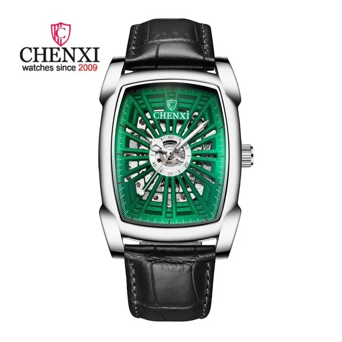 CHENXI - automatic square watch - hollow-carved design - leather strap - silver / greenWatches