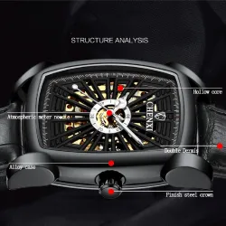 CHENXI - automatic square watch - hollow-carved design - leather strap - blackWatches