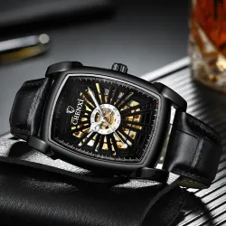 CHENXI - automatic square watch - hollow-carved design - leather strap - blackWatches