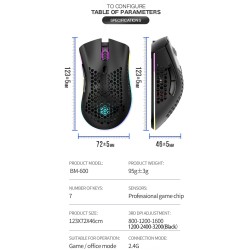 BM600 - trådløs RGB gaming mus - honeycomb design - oppladbar - USB - 2.4G