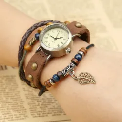 Vintage multi layer leather bracelet - with Quartz watch / beadsWatches