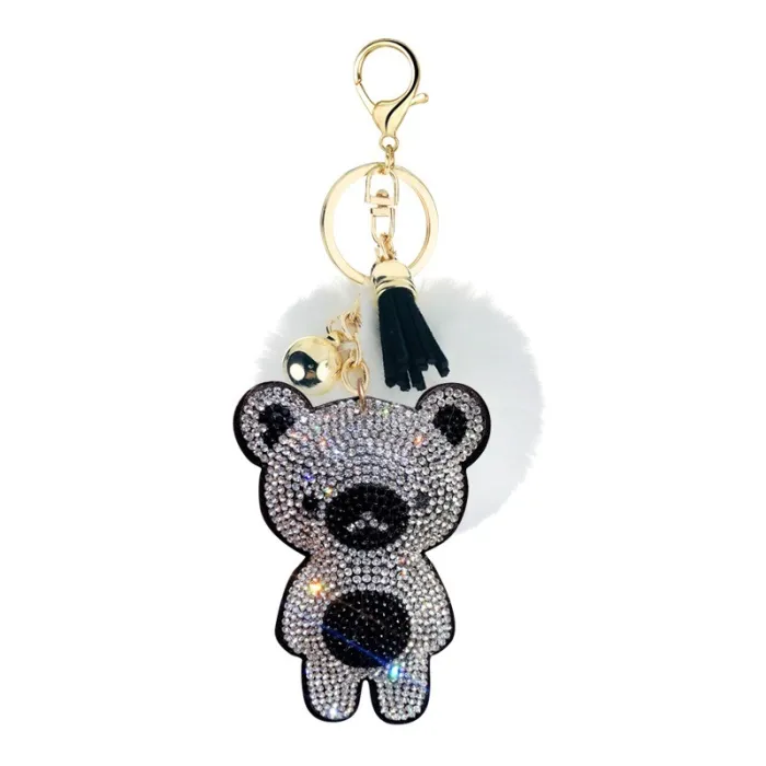 Crystal teddy bear with fur pom pom - keychainKeyrings
