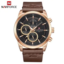 NAVIFORCE - moteriktig Quartz-klokke - lærreim - vanntett - rosa gull / svart