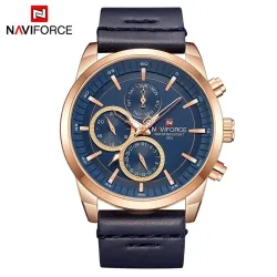 NAVIFORCE - moteriktig Quartz-klokke - lærreim - vanntett - rosa gull / blå