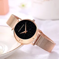 Elegant Quartz-klokke - mesh-rem i rustfritt stål - måne / stjerner