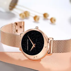 Elegant Quartz-klokke - mesh-rem i rustfritt stål - måne / stjerner