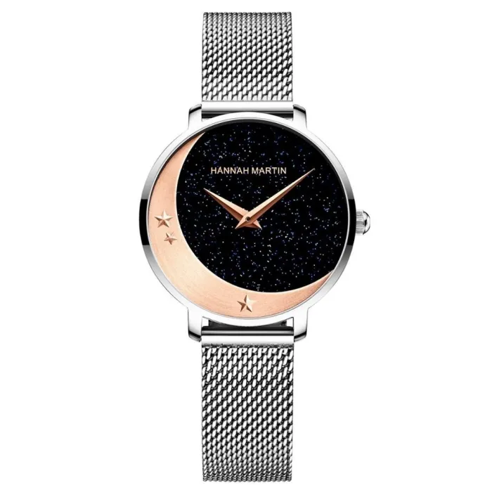 Elegant Quartz-klokke - mesh-rem i rustfritt stål - måne / stjerner