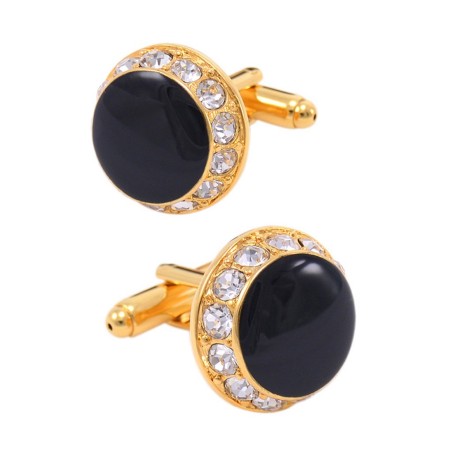Luxurious round golden cufflinks - white crystals / black enamelCufflinks