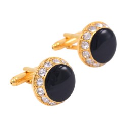 Luxurious round golden cufflinks - white crystals / black enamelCufflinks