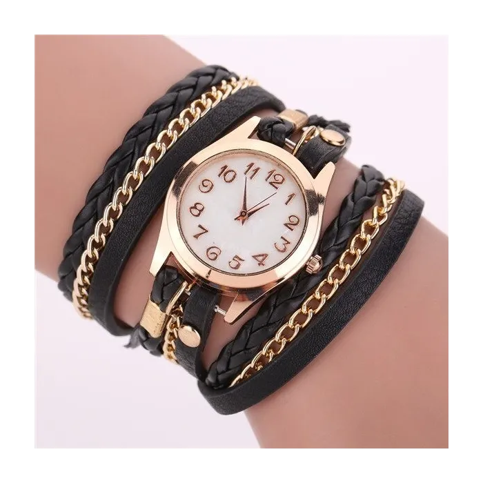 Multilayer leather bracelet - with a round Quartz watchBracelets