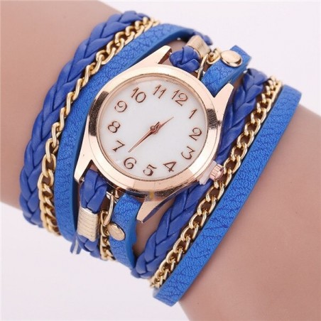 Multilayer leather bracelet - with a round Quartz watchBracelets