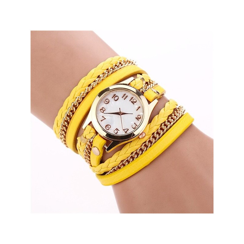 Multilayer leather bracelet - with a round Quartz watchBracelets