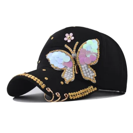 Fasjonabel baseballcap - krystaller - perler - paljetter - sommerfugl