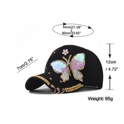Fasjonabel baseballcap - krystaller - perler - paljetter - sommerfugl