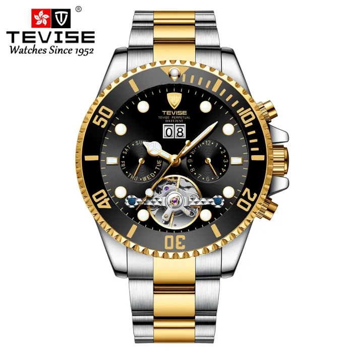 TEVISE - elegant automatic watch - stainless steel - waterproof - gold / blackWatches