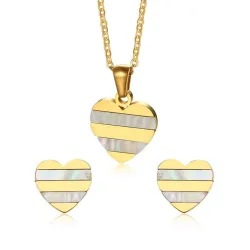 Gold Heart Pearl Earrings Necklace Jewelry Set