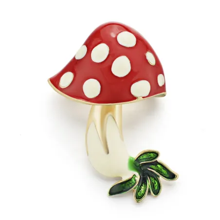Red enamel mushroom crystal brooch