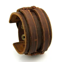 Leather cuff double wide rope bracelet unisex