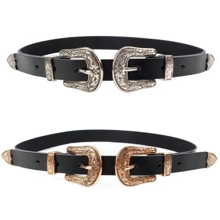 Double & single metal buckle leather belt