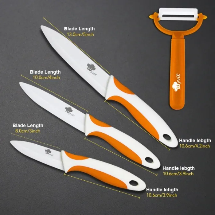 A set of ceramic knives with a peeler