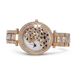 Luxury gold quartz watch with diamonds & leopard