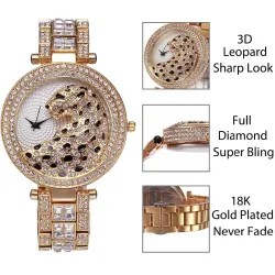Luxury gold quartz watch with diamonds & leopard
