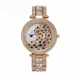 Luxury gold quartz watch with diamonds & leopard