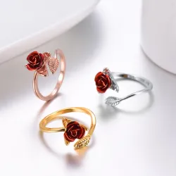 Gold & silver ring with red rose - adjustable