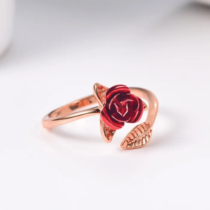 Gold & silver ring with red rose - adjustable